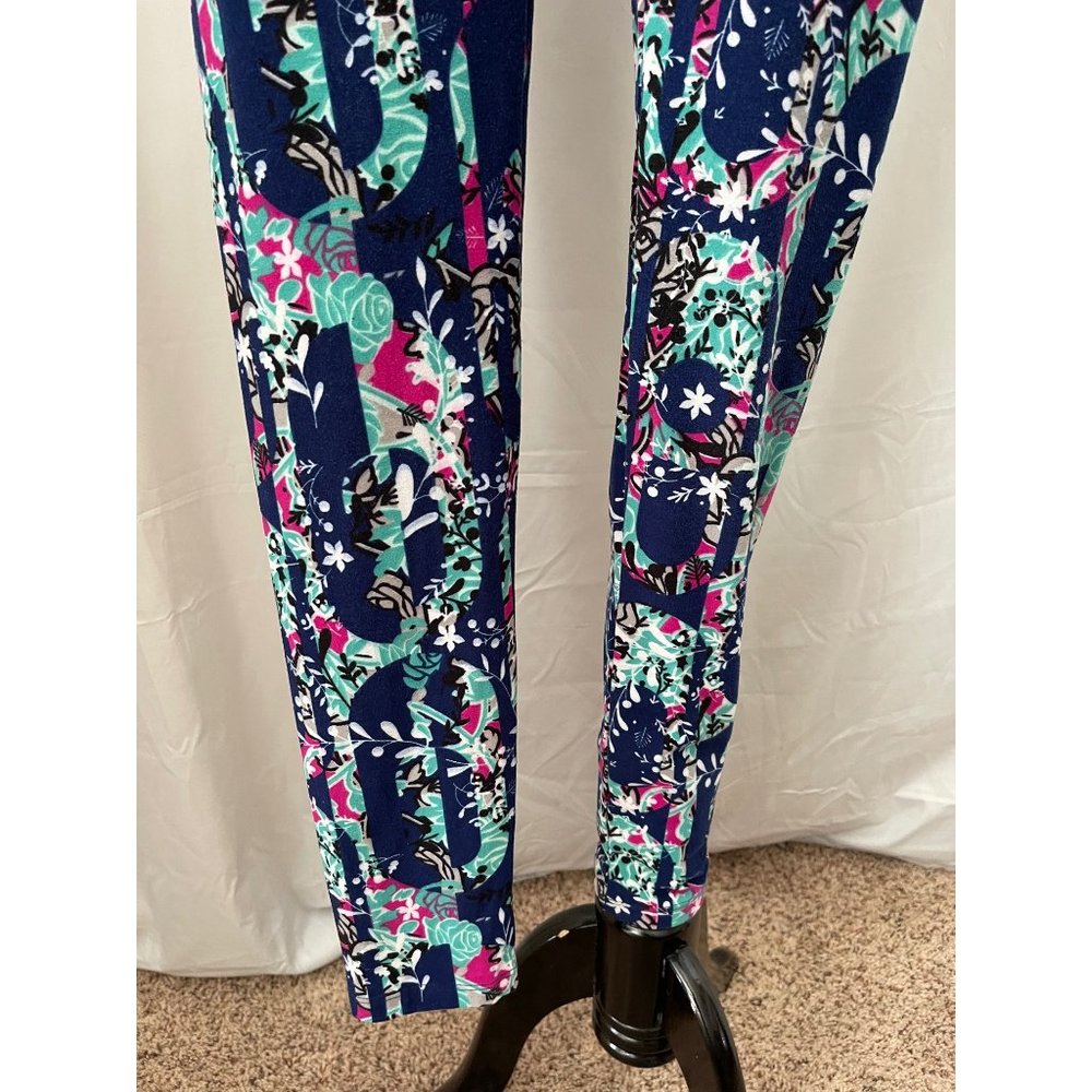 LuLaRoe Women's Navy Multi-Color Floral Abstract Print Stretch Leggings One Size - Picture 3 of 6